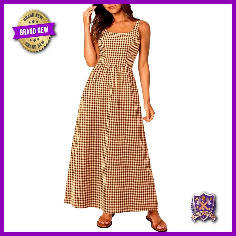 Spaghetti Strap Maxi Dress Plaid Square Neck A-Line Casual Beach Vacation - Picture 1 of 7